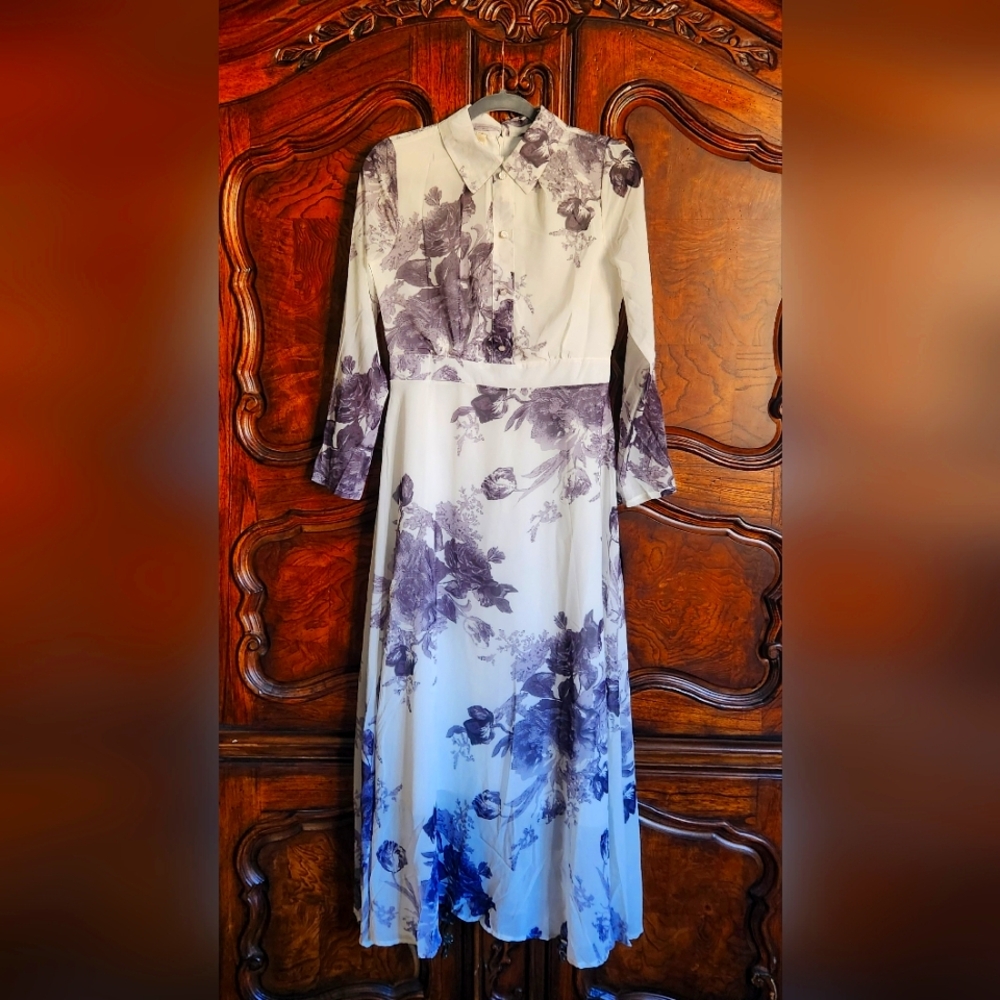 NWOT Ouyige White & Purple Floral Print Long Sleeve Dress
